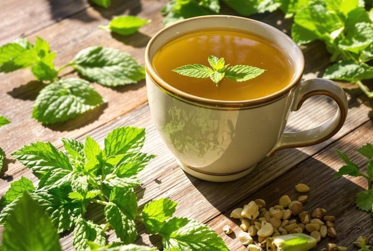 Rustic tea cup with vibrant fresh herbs on wooden table.