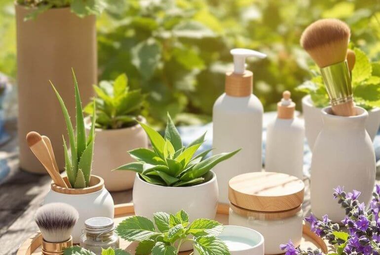 Natural skincare tools, herbs, and organic beauty products photographed outdoors.
