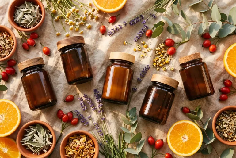 Amber glass supplement jars surrounded by botanicals, citrus and herbs on linen — organic wellness flat lay