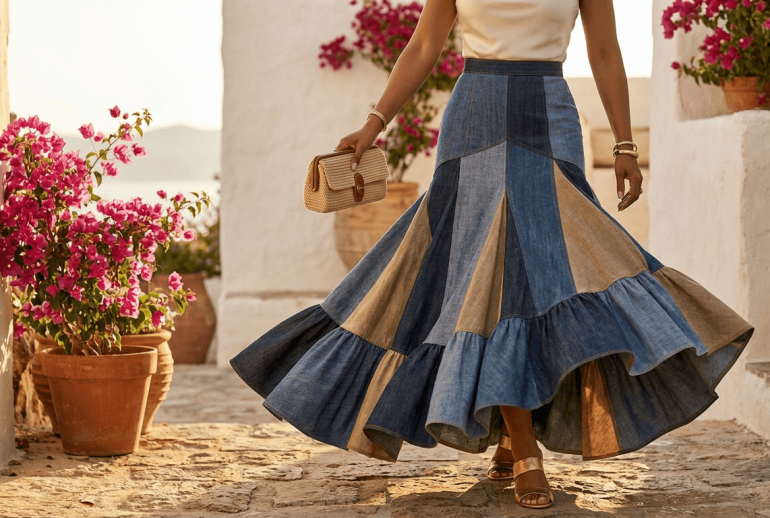 Zero waste sustainable fashion editorial — woman in patchwork denim skirt on Mediterranean terrace